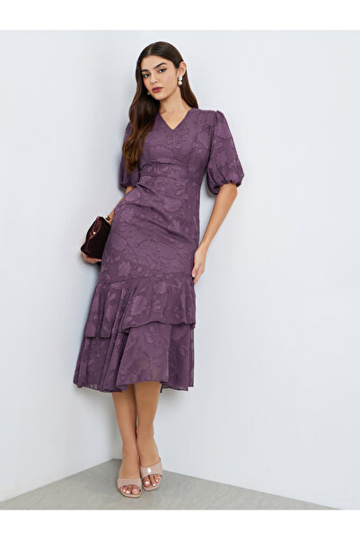 Styli فستان ميدي نسائي بلون أرجواني فاتح بأكمام منفوخة وحافة بتصميم حورية البحر