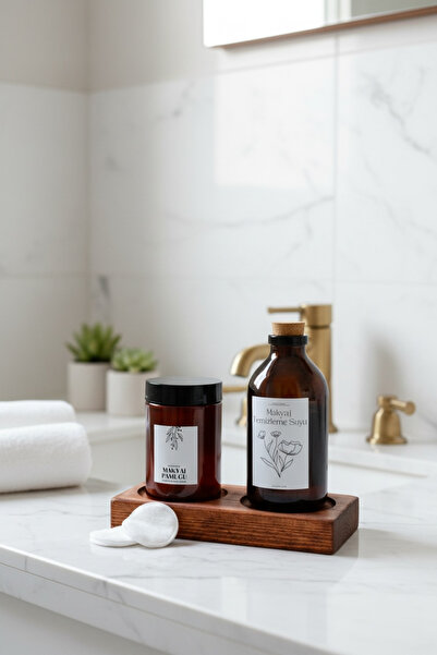 LALEZEN HOME 2-piece brown stand glass makeup remover bottle & makeup remover...