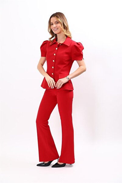 ÖNDER ÖZSOY Shirt Collar Short Sleeve Modern Jacket & Spanish Flare Pants wit...