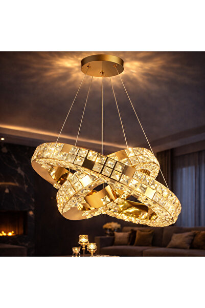 ALC-Shop LED Chandelier with Remote Control Crystal and Metal 80W 2 Circle Ad...
