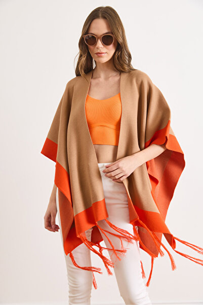 Olalook Women's Camel Color Block Poncho Cardigan Hrk-19000423