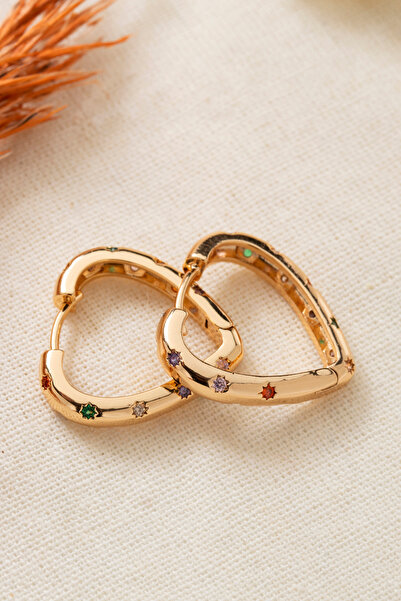 Elika Silver Renkli Zirkon Taşlı Kalp Küpe Gold