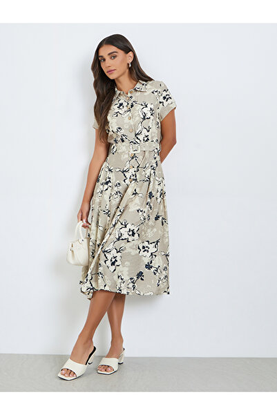 Styli Women Beige Floral Short Sleeves Shirt Midi Dress