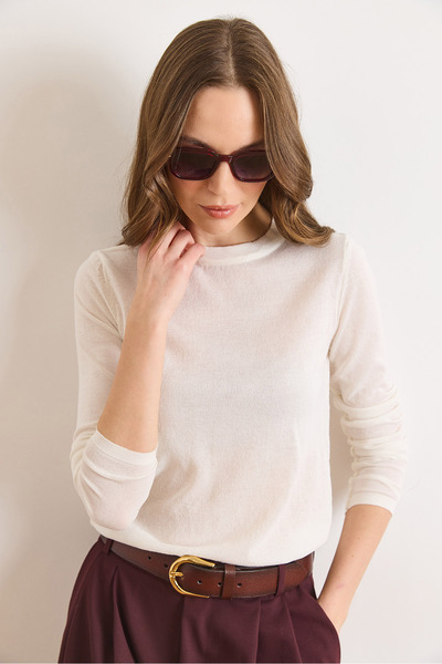 Olalook Women's White Crew Neck Transparent Seasonal Knitwear Blouse Blz-1900...