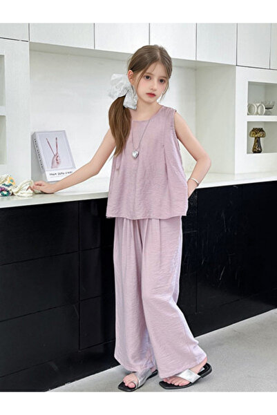 Take Two By Styli Girls Solid Sleeveless Top and Wide Leg Pants Set