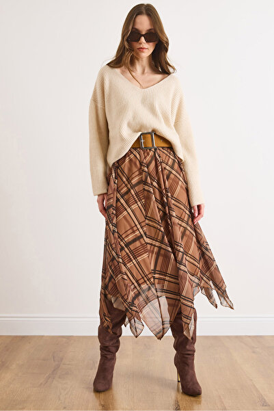 Olalook Women's Camel Lined Skirt Asymmetrical Plaid Bell Tulle Skirt Etk-190...