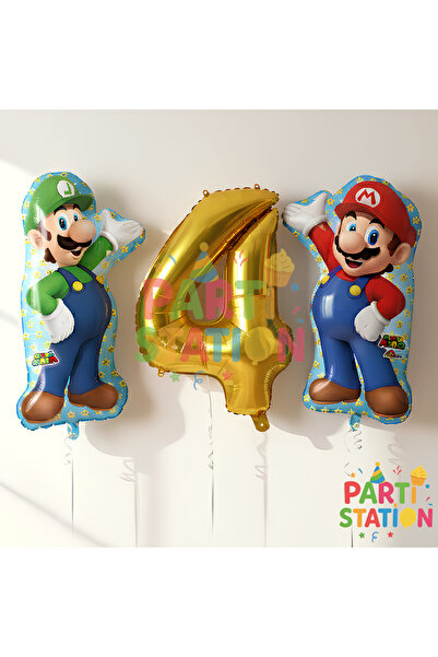 Parti Station Super Mario & Luigi 4 Yaş Gold Rakam Balon Seti