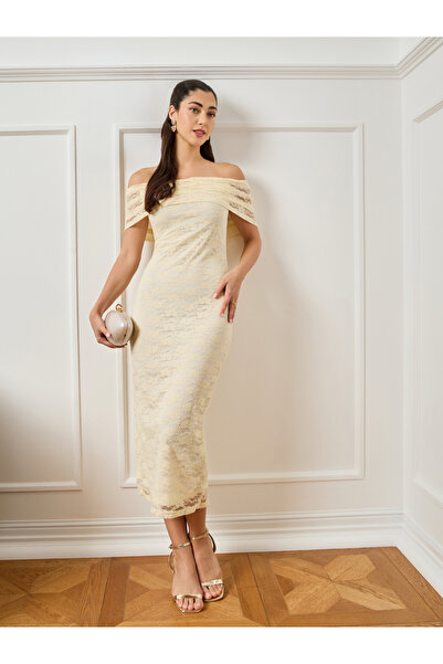 Styli Women Beige Lace Sheath Midi Dress