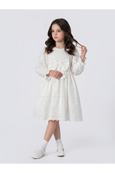 Pina Kids Girl's Long Sleeve Dress with Ribbon on the Front and Scallop Hem