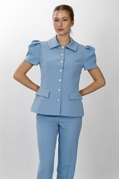 ÖNDER ÖZSOY Shirt Collar Short Sleeve Modern Women's Jacket-Sky