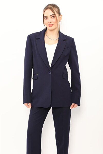 ÖNDER ÖZSOY Oversize Single Button Classic Women's Jacket-Navy Blue