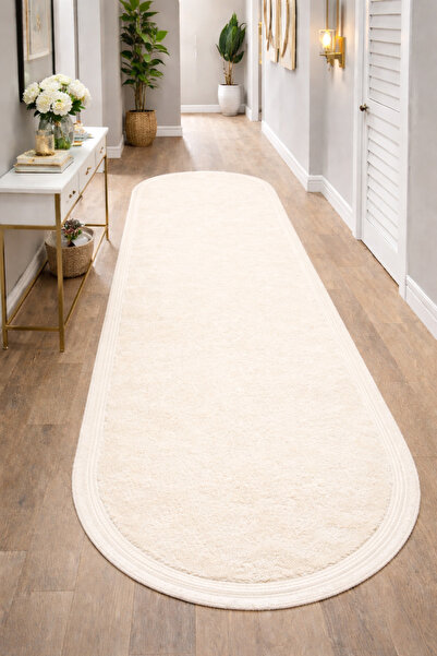 Sarar Oval Klasik Saçak Peluş Kaymaz Yıkanabilir Halı Yolluk Kilim EKRU