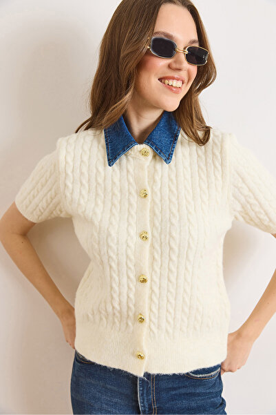 Olalook Women's Ecru Denim Collared Soft Textured Short Sleeve Knitwear Cardi...