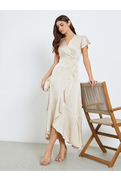 Styli Women Cream Satin Wrap Maxi Dress