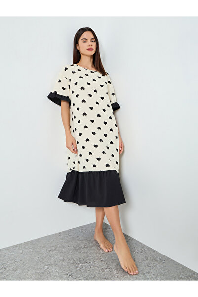 Take Two By Styli Women Love Heart Printed Short Sleeve Midi Nightdress