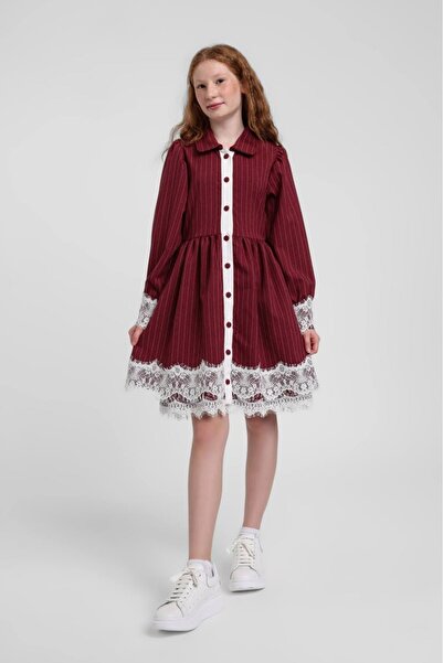 HAUSEkids 10-14 Yaş Nişantaşı Soft Kız Çocuk Elbise-Bordo