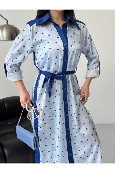 Moda İkra Women's Shirt Collar Tie-Back Zigzag Patterned Dress