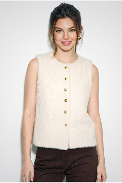 Bianco Lucci Women's Soft Textured Beard Button Detailed Lined Vest 60282043