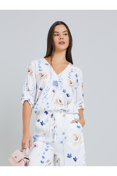 Take Two By Styli Women Floral Print Roll Up Sleeve Top