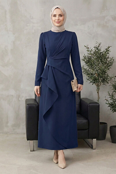 Kirazgym Crew Neck Asymmetrical Unlined Crepe Dress with Half Zipper at the B...