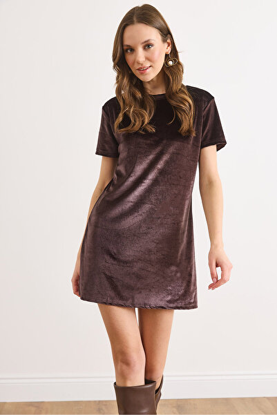 Olalook Women's Bitter Brown Crew Neck Basic Mini Velvet Dress Elb-19002304