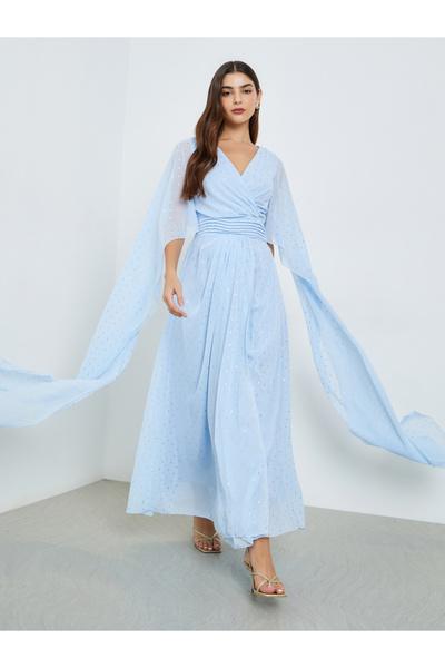 Styli فستان ماكسي نسائي أزرق مطبوع برقائق معدنية وأكمام واسعة