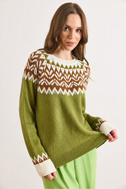 Olalook Women's Oil Green Collar Detailed Soft Textured Knitwear Sweater Kzk-...