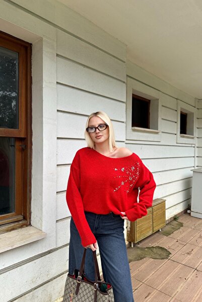 lizge giyim Boat Neck Stone Detail Knitwear Sweater