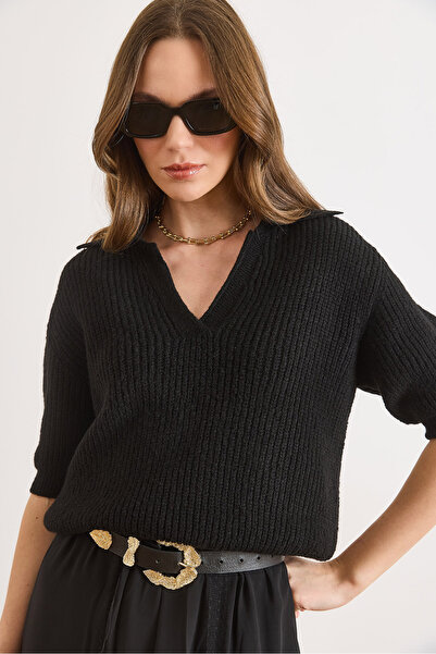 Olalook Pulover tricotat negru cu guler polo, cu textură moale, pentru femei ...