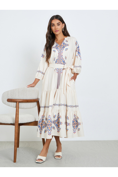 Styli Women Cream Floral Print Tiered Midi Dress