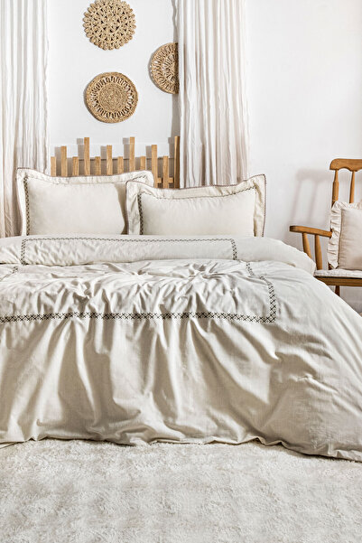 Elart Sahra Duvet Cover Set Double Elastic Sheet 100% Cotton Embroidered (200...