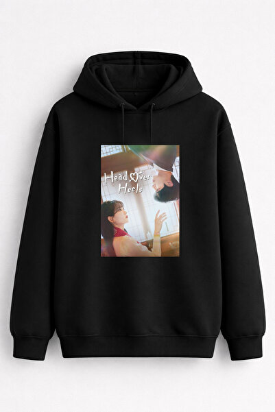 AYDESİGN Hanorac negru cu glugă, imprimat Head Over Heels, pentru bărbați, fe...