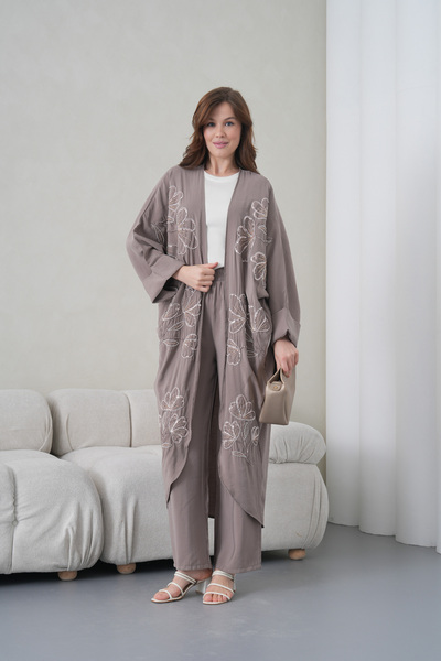 Miss Allos Women's Front Embroidered Beaded Linen Kimono Cardigan and Pants T...