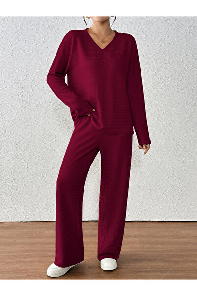 Take Two By Styli Women Textured V Neck Top and Pants Co-Ords