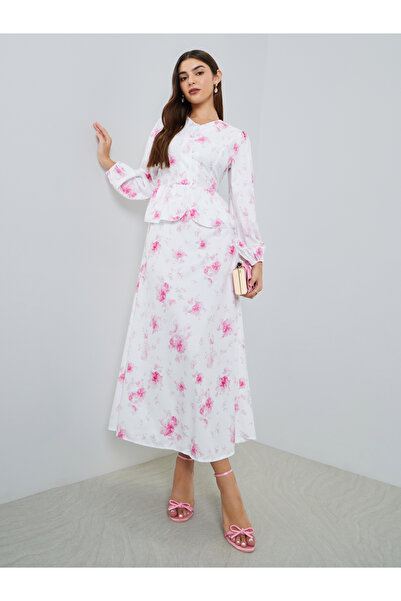 Styli Women White Floral Print Ruffle Trim Midi Dress