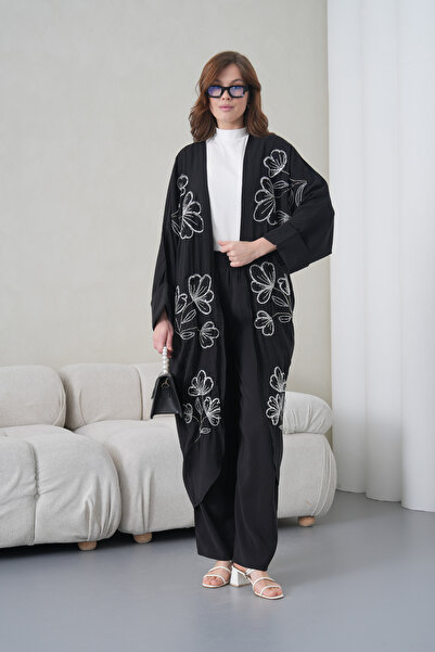 Miss Allos Women's Front Embroidered Beaded Linen Kimono Cardigan and Pants T...