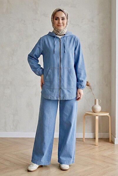 Kirazgym Zippered Handle Elastic Pocketed Denim Suit - Light Blue