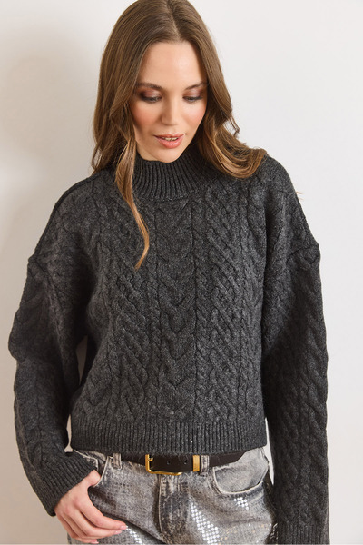 Olalook Women's Anthracite High Collar Braided Thick Knitwear Sweater Kzk-190...