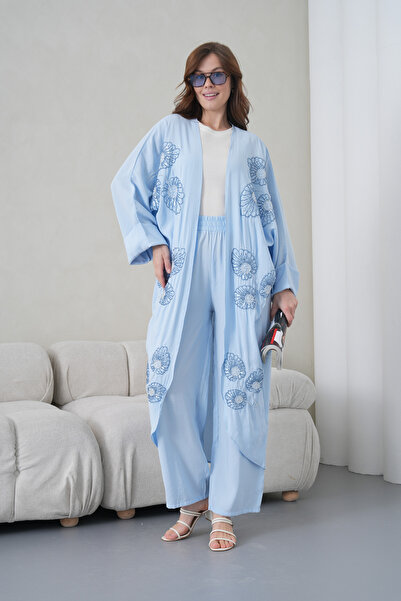 Miss Allos Women's Front Embroidered Beaded Linen Kimono Cardigan and Pants T...