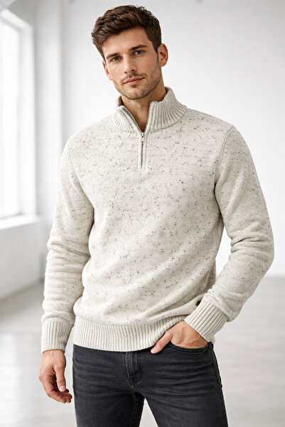Tarz Cool Men's Nope Beige Half Zipper High Collar Knitwear Sweater Slim Fit