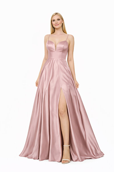 incitanesii Askılı Saten Uzun Abiye Elbise Derin V Yaka