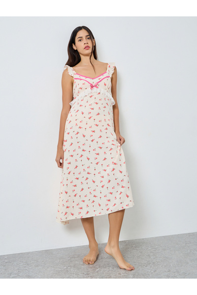 Styli Ditsy Floral Lace Trim Ruffle Sleeve Slip Dress