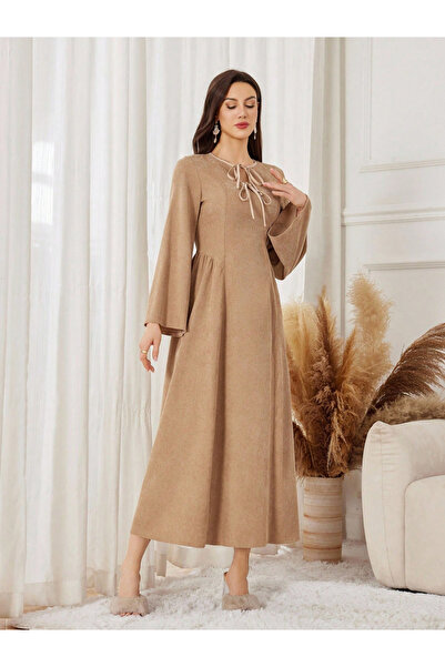 Take Two By Styli Women Beige Tie-Up Neck A-Line Maxi Dress