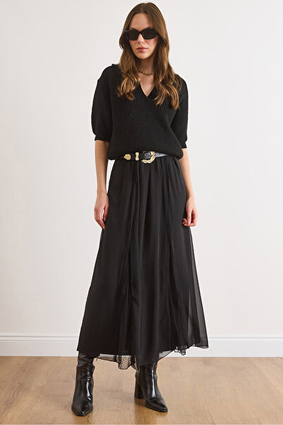 Olalook Women's Black Lined Long Tulle Skirt with Lace Detail Etk-19000400