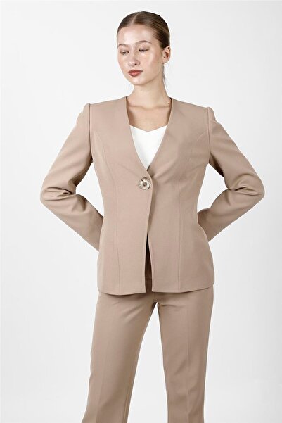ÖNDER ÖZSOY V-Neck Single Button Classic Women's Jacket-Stone