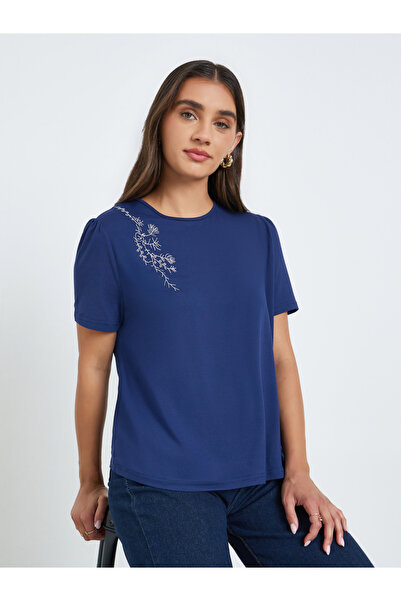 Styli Women Navy Blue Embroidered Oversized T-Shirt