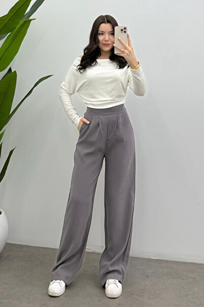 Bipantolon Women's Gray Elastic Waist Draped Pleated Detailed Tencel Relaxed ...