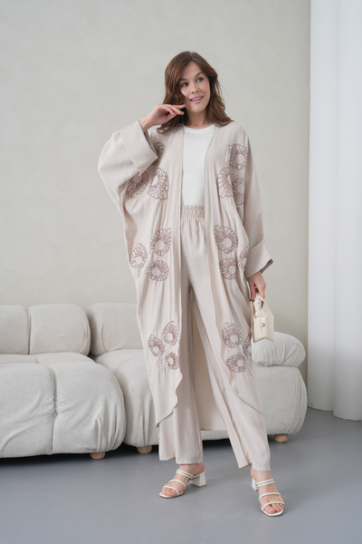 Miss Allos Women's Front Embroidered Beaded Linen Kimono Cardigan and Pants T...