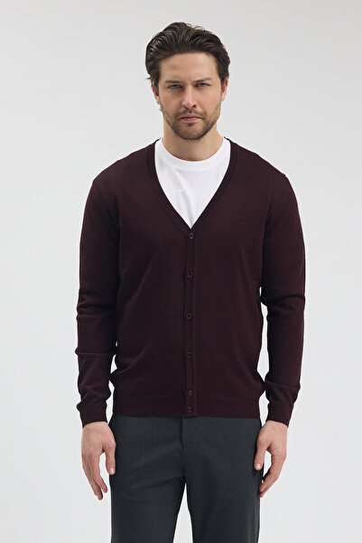 hateko 50% Wool Buttoned Knitwear Cardigan Jacket for Men - Claret Red
