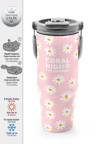 Coral High Daisy Patterned Steel Thermos with Straw and Direct Drinking Featu...